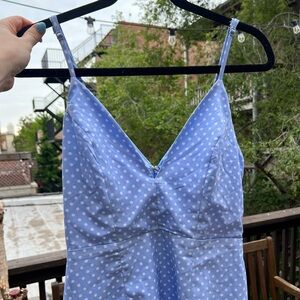 Blue and White Polka Dot Mini Dress with Ruffled Hem